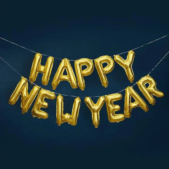 Gold Happy New Year Foil Balloon Garland - 16 Inch NYE Balloons - New Years Eve Party Decor - Gold Letter Balloon Banner - Photo Backdrop - Jolie Fete UK