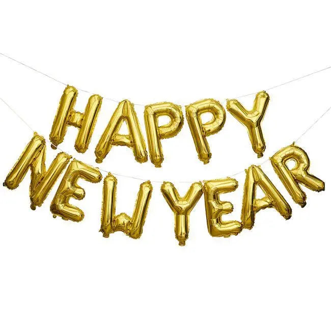 Gold Happy New Year Foil Balloon Garland - 16 Inch NYE Balloons - New Years Eve Party Decor - Gold Letter Balloon Banner - Photo Backdrop - Jolie Fete UK
