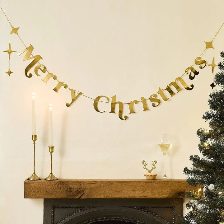 Gold Merry Christmas Card Bunting With Stars - Christmas Garland - Christmas Party Decorations - Reusable Decoration - Holiday Decor - 2m - Jolie Fete UK