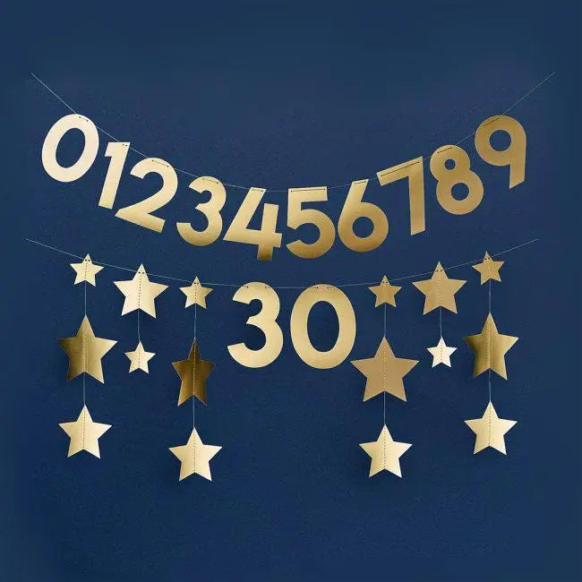 Gold Star Customisable Card Banner - Personalise The Year - 2m Party Bunting for Birthday, Anniversary, New Year Celebrations - Jolie Fete UK