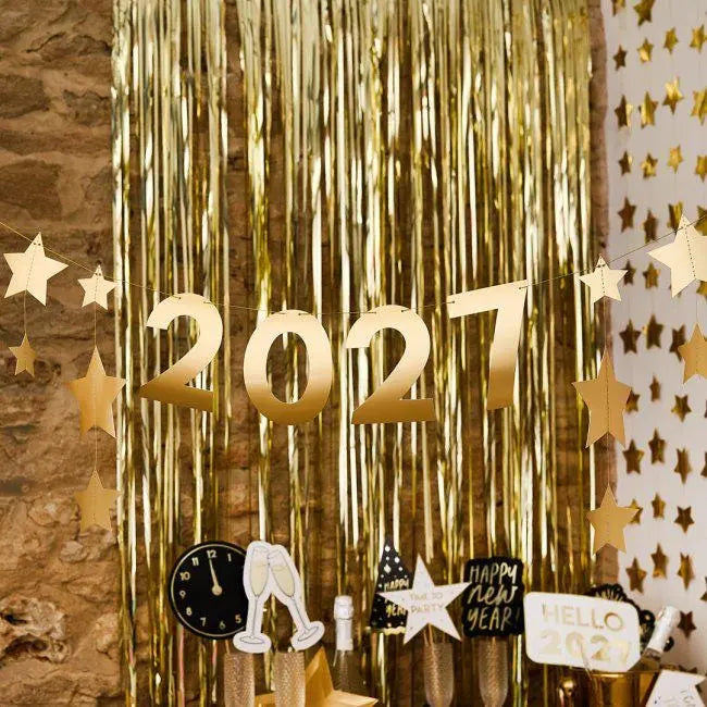 Gold Star Customisable Card Banner - Personalise The Year - 2m Party Bunting for Birthday, Anniversary, New Year Celebrations - Jolie Fete UK