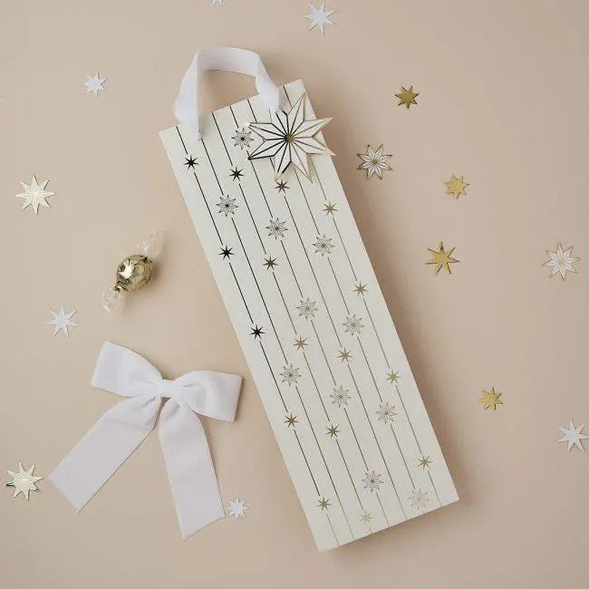 Gold Star Bottle Gift Bag - Cream & Gold Foiled Christmas Wine Bottle Bag - Festive Present Wrap - Xmas Bottle Cover - Holiday Gift Bag - Jolie Fete UK