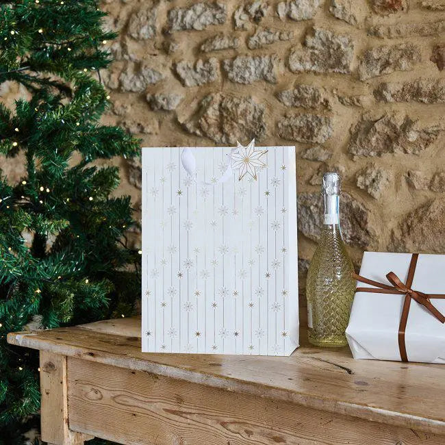 Gold Star Medium Gift Bag - Cream & Gold Foiled Christmas Gift Bag - Festive Present Wrap - Xmas Party Favour Bag - Holiday Gift Wrap - Jolie Fete UK