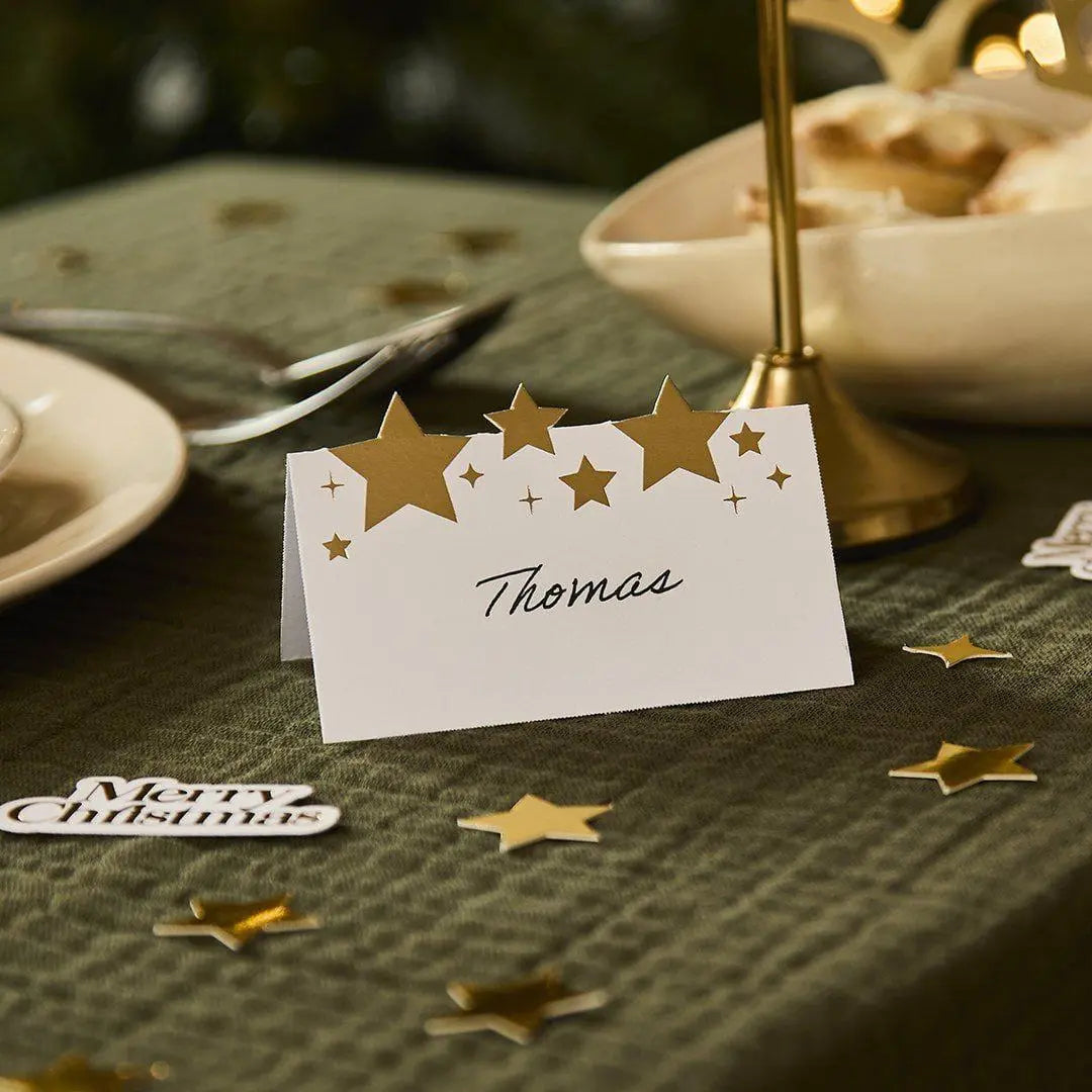 Gold Star Place Cards - Gold & White Christmas Table Place Cards - Gold Stars - Christmas Party Decorations - Holiday Decor - Pack Of 10 - Jolie Fete UK