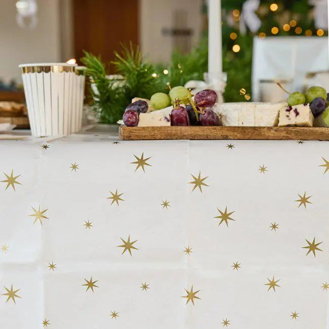 Gold Star Paper Tablecloth - Christmas Disposable Table Cover - Festive Gold & White Party Tableware - Xmas Table Decoration -New Year Party - Jolie Fete UK