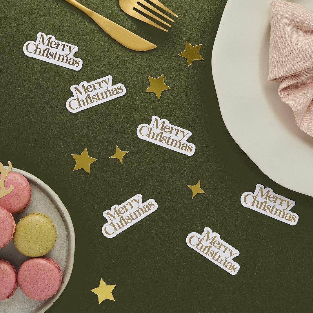 Merry Christmas Table Scatters - Gold & White Christmas Table Confetti - Gold Stars - Christmas Party Decorations - Holiday Decor - 10g - Jolie Fete UK