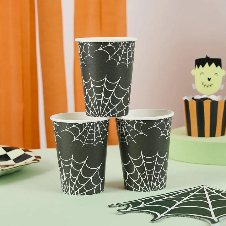 Halloween Cups - Halloween Black & White Spider Web Party Paper Cups - Halloween Party Decorations - Retro Halloween - Pack Of 8 - Jolie Fete UK