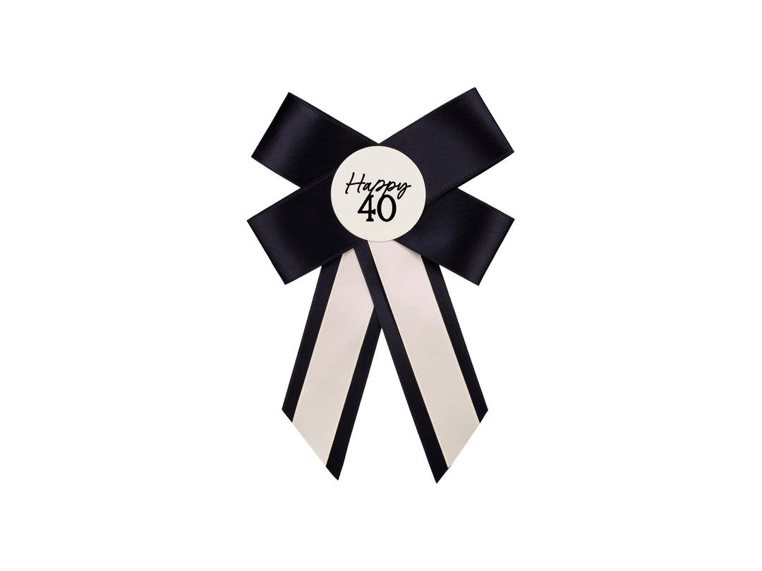 Happy 40 Birthday Rosette - Black & Cream Luxury Ribbon Badge - Modern Birthday Badge Alternative - 40th Birthday Accessory - Jolie Fete UK