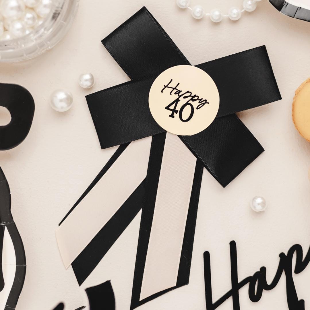 Happy 40 Birthday Rosette - Black & Cream Luxury Ribbon Badge - Modern Birthday Badge Alternative - 40th Birthday Accessory - Jolie Fete UK
