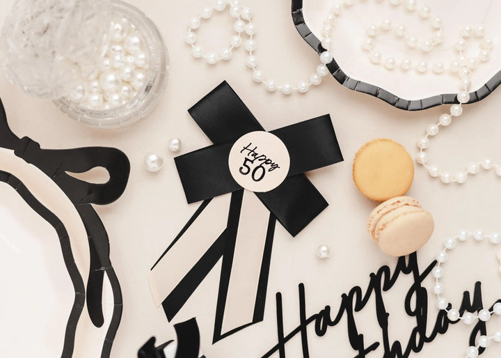 Happy 50 Birthday Rosette - Black & Cream Luxury Ribbon Badge - Modern Birthday Badge Alternative - 50th Birthday Accessory - Jolie Fete UK