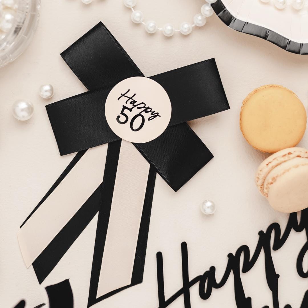 Happy 50 Birthday Rosette - Black & Cream Luxury Ribbon Badge - Modern Birthday Badge Alternative - 50th Birthday Accessory - Jolie Fete UK