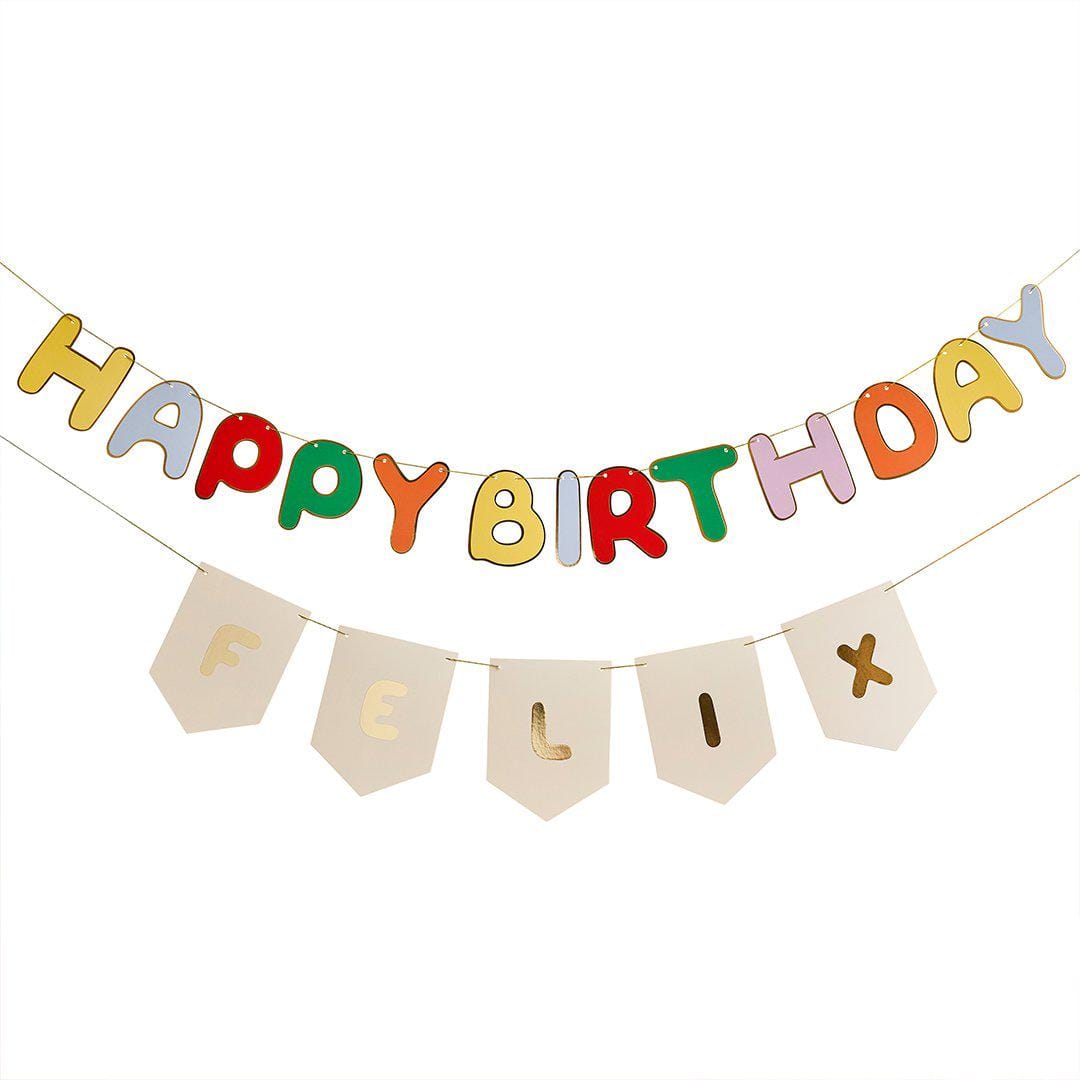 Happy Birthday Banner - Customisable Rainbow Name Bunting - Gold Foil Party Decor - Kids Birthday Garland - Personalised Party Backdrop Sign - Jolie Fete UK