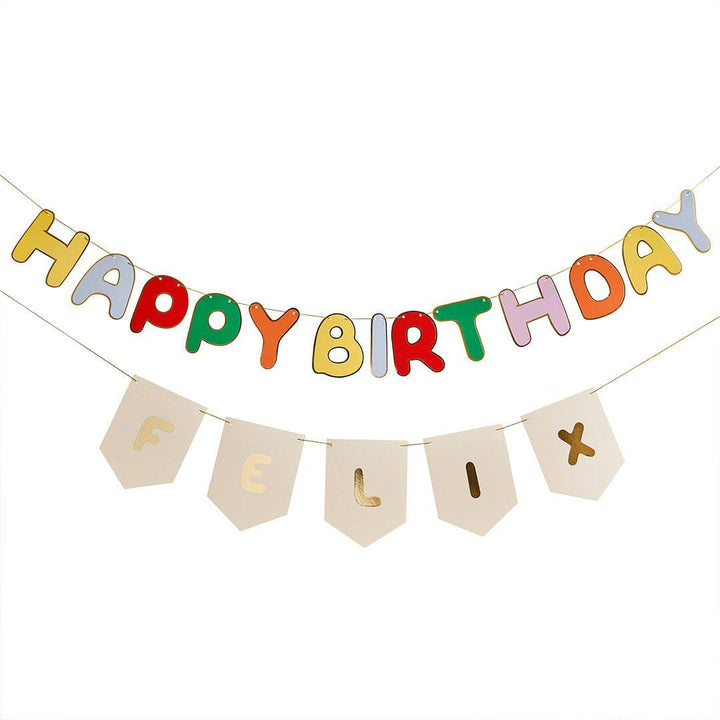 Happy Birthday Banner - Customisable Rainbow Name Bunting - Gold Foil Party Decor - Kids Birthday Garland - Personalised Party Backdrop Sign - Jolie Fete UK