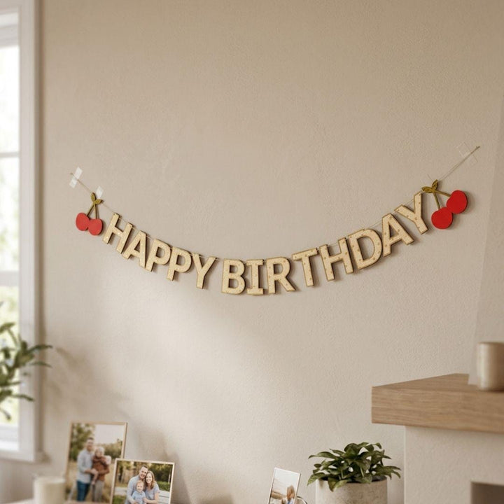 Happy Birthday Banner - Vintage Cherry Party Decorations - Pink Striped Garland - Coquette Bunting - 2.5m Card Banner - Gold Outline Letters - Jolie Fete UK