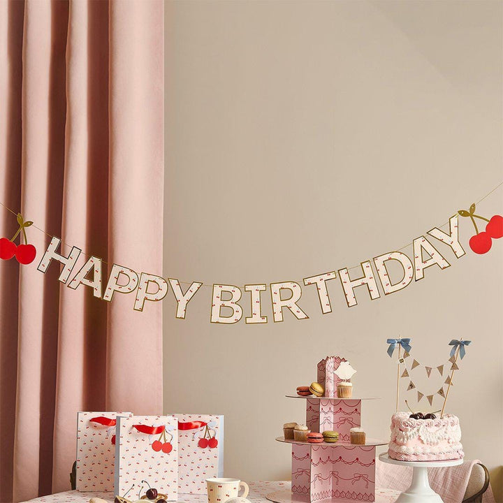 Happy Birthday Banner - Vintage Cherry Party Decorations - Pink Striped Garland - Coquette Bunting - 2.5m Card Banner - Gold Outline Letters - Jolie Fete UK