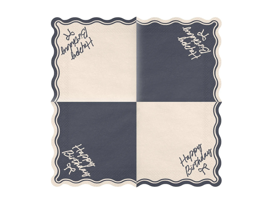 Happy Birthday Bow Napkins - Beige and Black Party Decor - Elegant Coquette Birthday - Neutral Tableware - Scallop Collection - Pack of 12 - Jolie Fete UK
