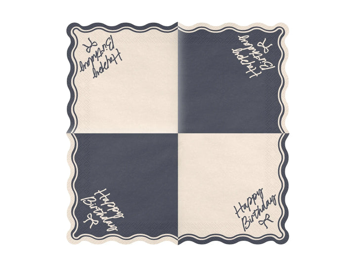 Happy Birthday Bow Napkins - Beige and Black Party Decor - Elegant Coquette Birthday - Neutral Tableware - Scallop Collection - Pack of 12 - Jolie Fete UK