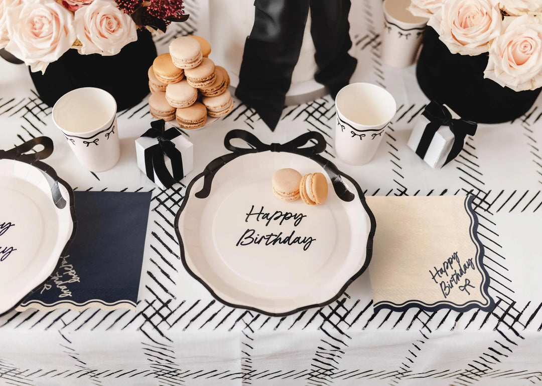 Happy Birthday Bow Napkins - Beige and Black Party Decor - Elegant Coquette Birthday - Neutral Tableware - Scallop Collection - Pack of 12 - Jolie Fete UK