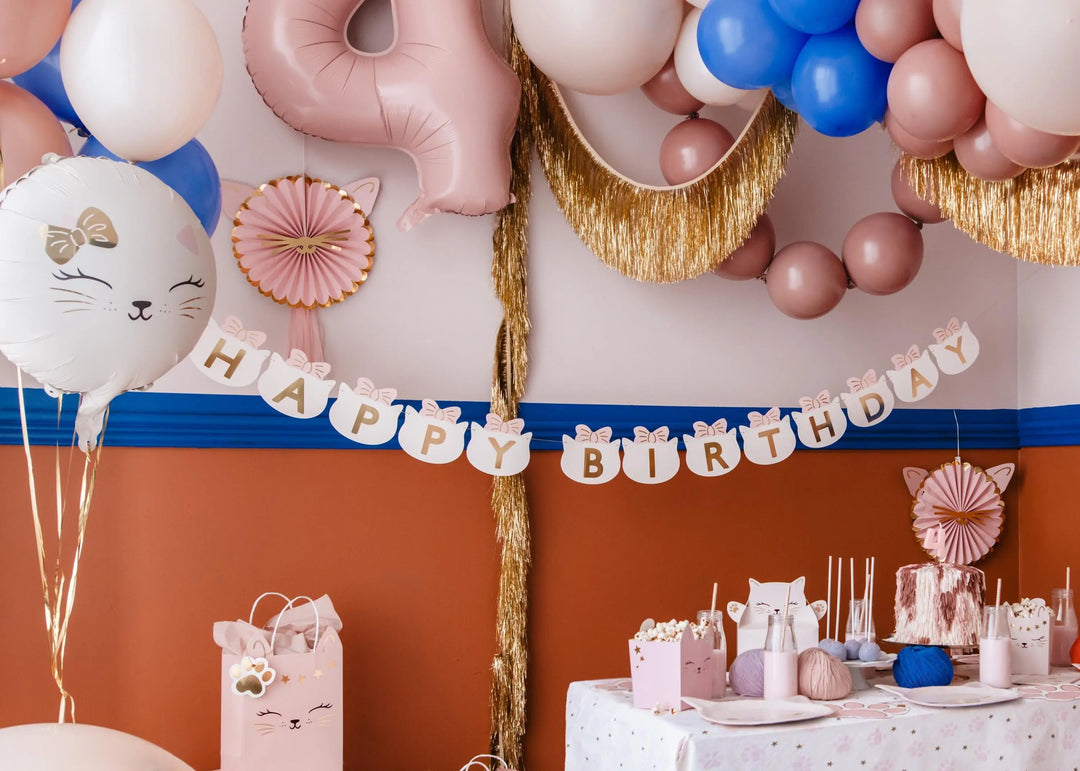 Happy Birthday Banner - Pink and White Cat Party Garland - Cat Theme - Meow Party - Kids Birthday Party Decorations - Jolie Fete UK