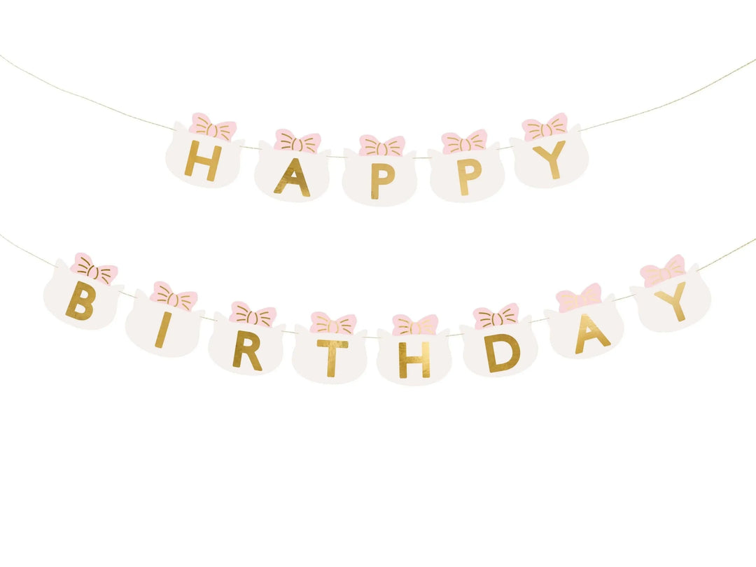 Happy Birthday Banner - Pink and White Cat Party Garland - Cat Theme - Meow Party - Kids Birthday Party Decorations - Jolie Fete UK