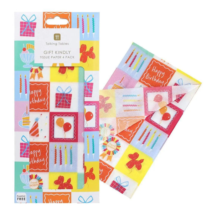 Happy Birthday Icons Tissue Paper - Colourful Illustrated Gift Wrap - Fun Birthday Pattern - Modern Fête Collection Wrapping - 4 x Sheets - Jolie Fete UK