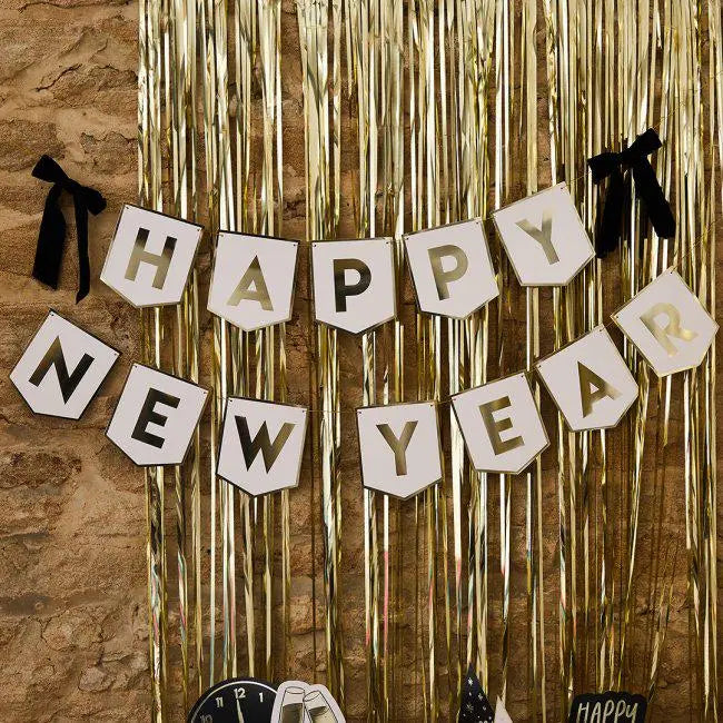 Happy New Year Flag Card Banner - White & Gold With Black Velvet Bows - NYE Party Bunting - New Years Eve Decoration - 2m Garland - Jolie Fete UK