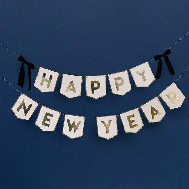 Happy New Year Flag Card Banner - White & Gold With Black Velvet Bows - NYE Party Bunting - New Years Eve Decoration - 2m Garland - Jolie Fete UK