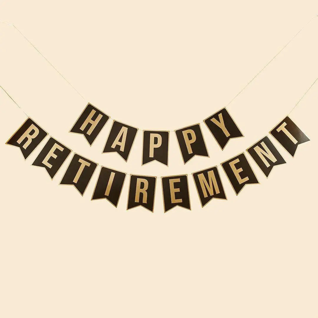 Happy Retirement Banner - Black & Gold Retirement Party Decorations - Happy Retirement Flag Bunting - 2m x 2 - Jolie Fete UK