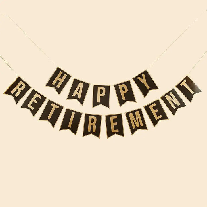 Happy Retirement Banner - Black & Gold Retirement Party Decorations - Happy Retirement Flag Bunting - 2m x 2 - Jolie Fete UK