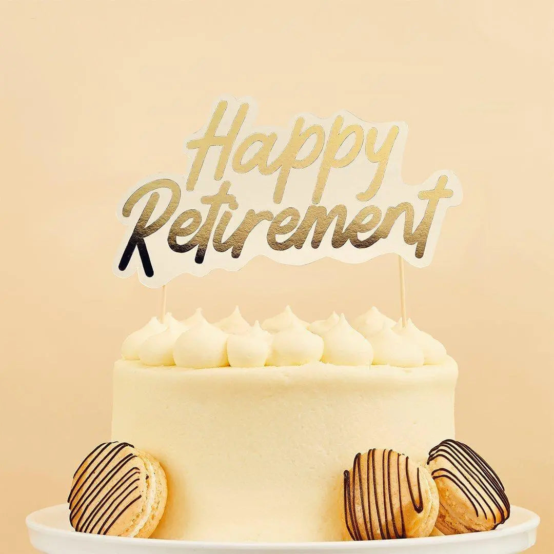 Happy Retirement Cake Topper - White & Gold Farewell Party Cake Decoration - Retirement Party - Goodbye Tension Hello Pension - Jolie Fete UK