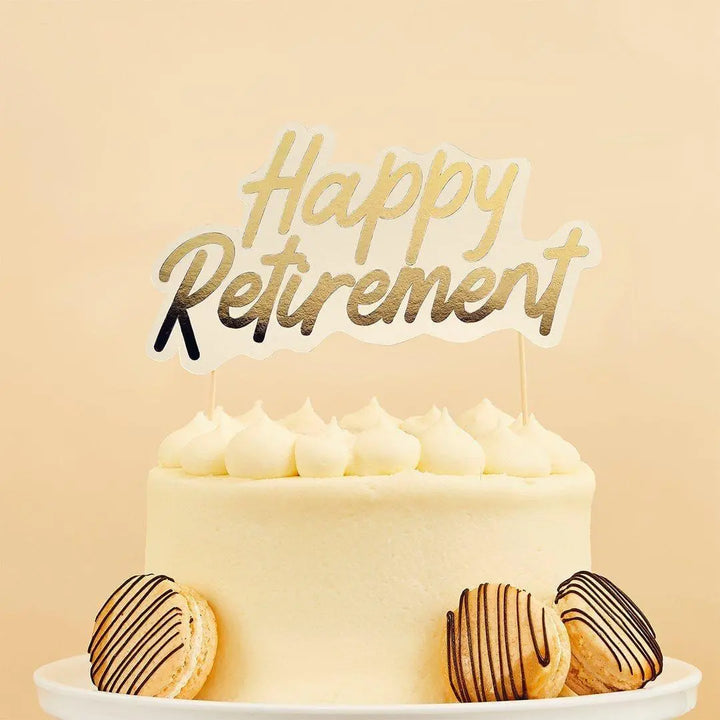 Happy Retirement Cake Topper - White & Gold Farewell Party Cake Decoration - Retirement Party - Goodbye Tension Hello Pension - Jolie Fete UK