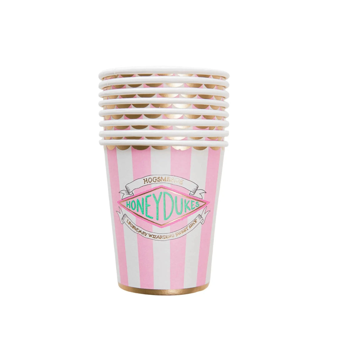 Harry Potter Honeydukes Party Cups - Officially Licensed Pink Stripe Gold Foil Paper Cups - Hogwarts Birthday Party Tableware - Pack of 8 - Jolie Fete UK