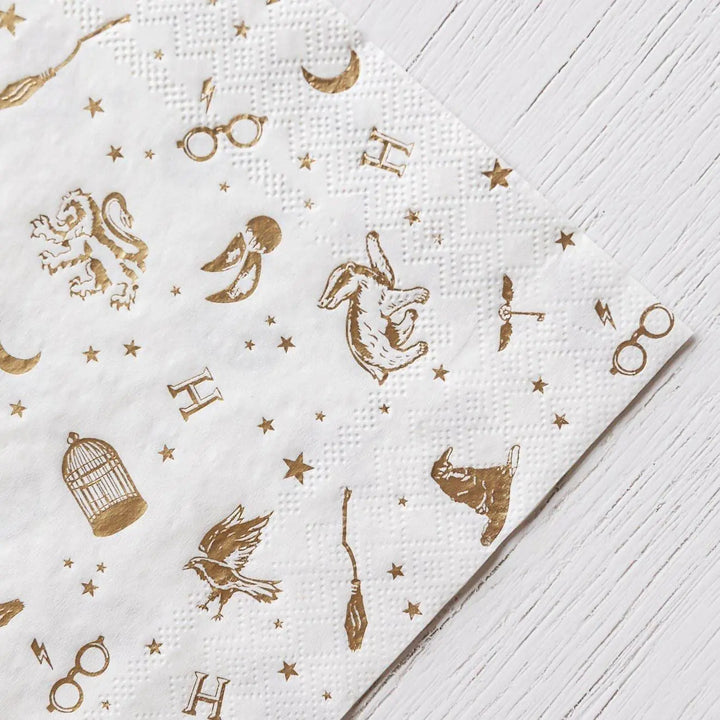 Harry Potter Party Napkins - Officially Licensed Wizard Birthday Party Supplies - White & Gold Foil Hogwarts Napkins - Pack of 24 - Jolie Fete UK