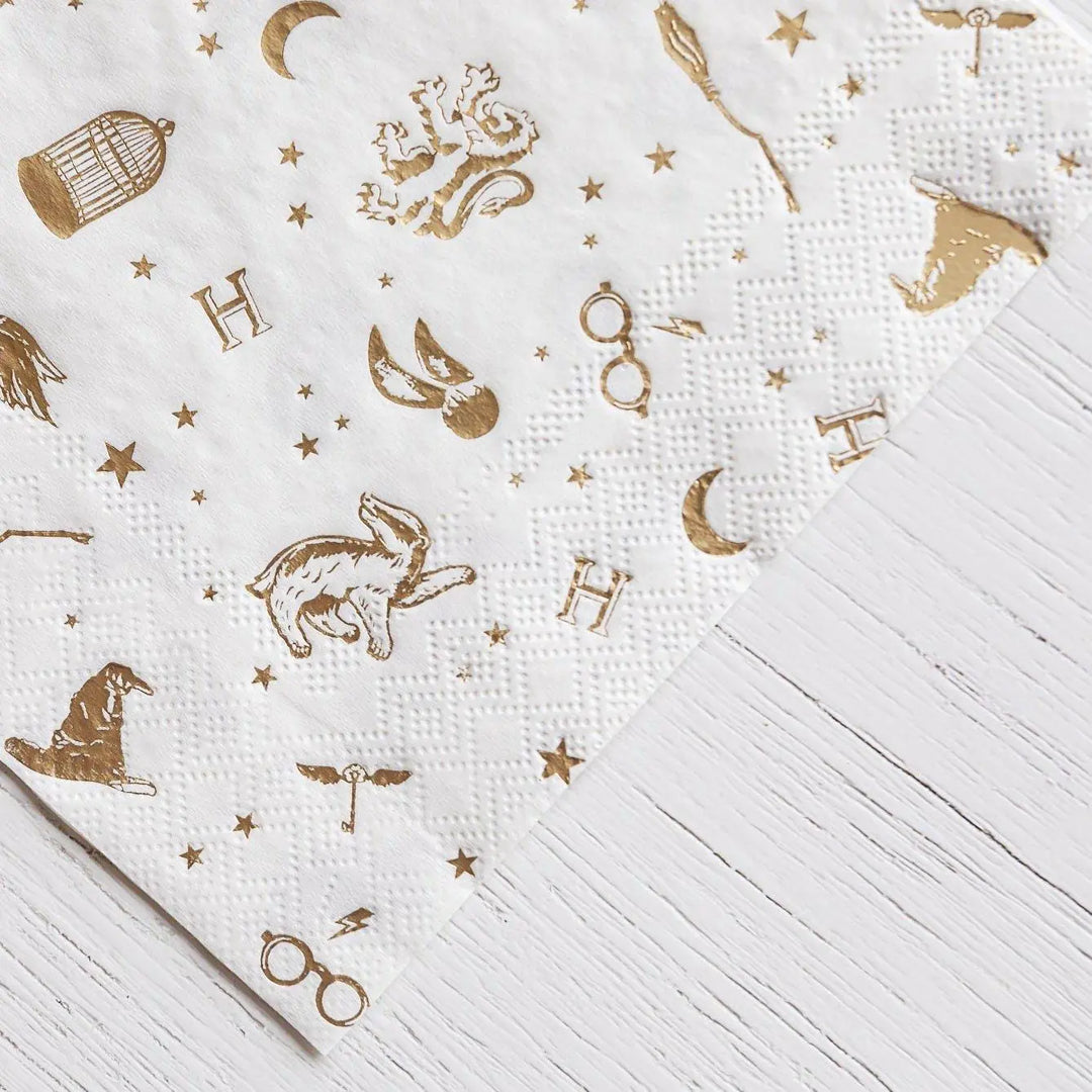 Harry Potter Party Napkins - Officially Licensed Wizard Birthday Party Supplies - White & Gold Foil Hogwarts Napkins - Pack of 24 - Jolie Fete UK