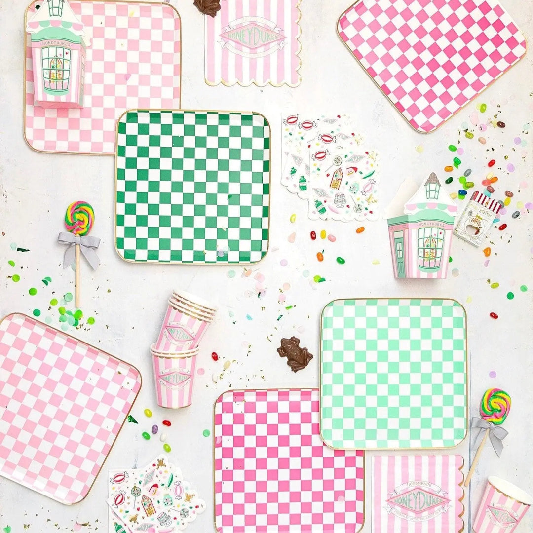 Harry Potter Honeydukes Checker Plates - Pink & Green Wizard Party Tableware - Hogsmeade Candy Shop Birthday Plates - Set of 8 - Jolie Fete UK