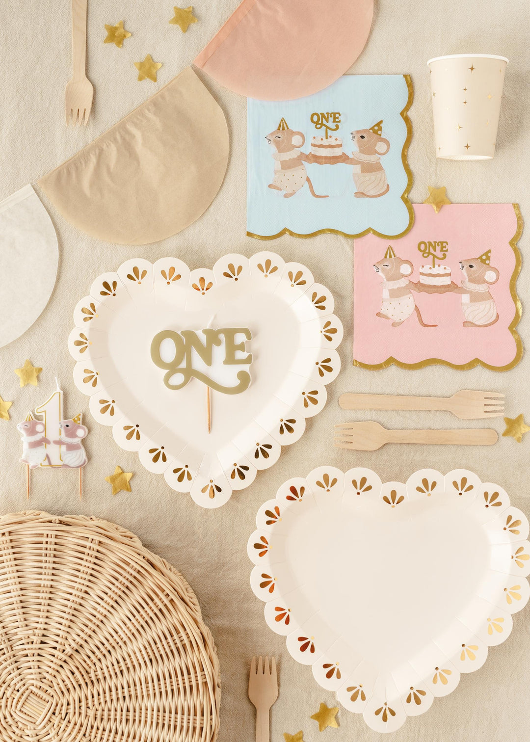 Heart Shaped Paper Plates - Cream and Gold 1st Birthday Tableware - Storybook Party Plates - Beige Neutral Toddler Party Decor - Pack Of 6 - Jolie Fete UK