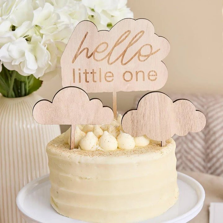 Hello Little One Wooden Cake Topper Set - Neutral Baby Shower Decor - Cloud Cake Toppers - Boho Baby Shower - Natural Wood - 3 Piece Set - Jolie Fete UK
