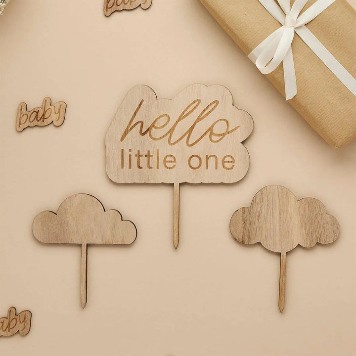 Hello Little One Wooden Cake Topper Set - Neutral Baby Shower Decor - Cloud Cake Toppers - Boho Baby Shower - Natural Wood - 3 Piece Set - Jolie Fete UK