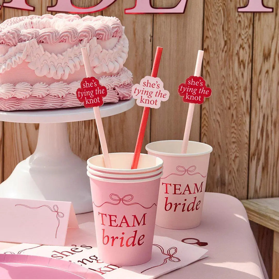 Hen Party Napkins - She’s Tying The Knot Bow Theme - Pink & Red Coquette Paper Napkins For Hen Do - Bridal Shower Tableware - Pack of 16 - Jolie Fete UK