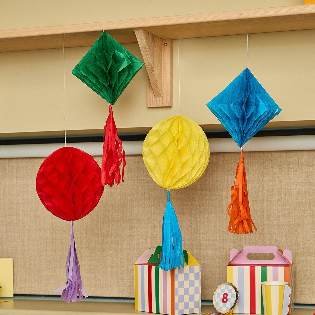 Honeycomb Party Decorations - Rainbow Paper Pom Poms - Kids Birthday Hanging Decor - Geometric Ceiling Garlands - Tissue Paper Tassels Pack - Jolie Fete UK