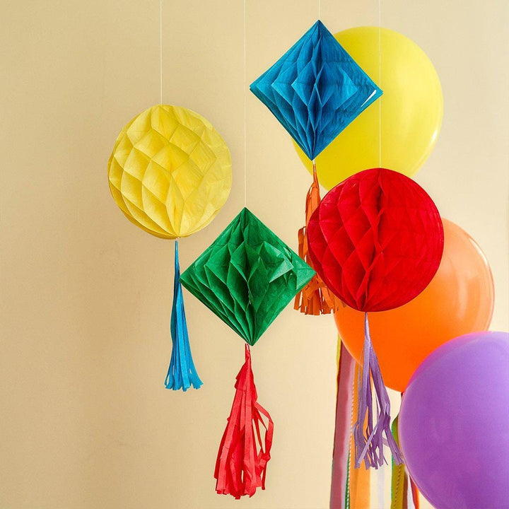 Honeycomb Party Decorations - Rainbow Paper Pom Poms - Kids Birthday Hanging Decor - Geometric Ceiling Garlands - Tissue Paper Tassels Pack - Jolie Fete UK