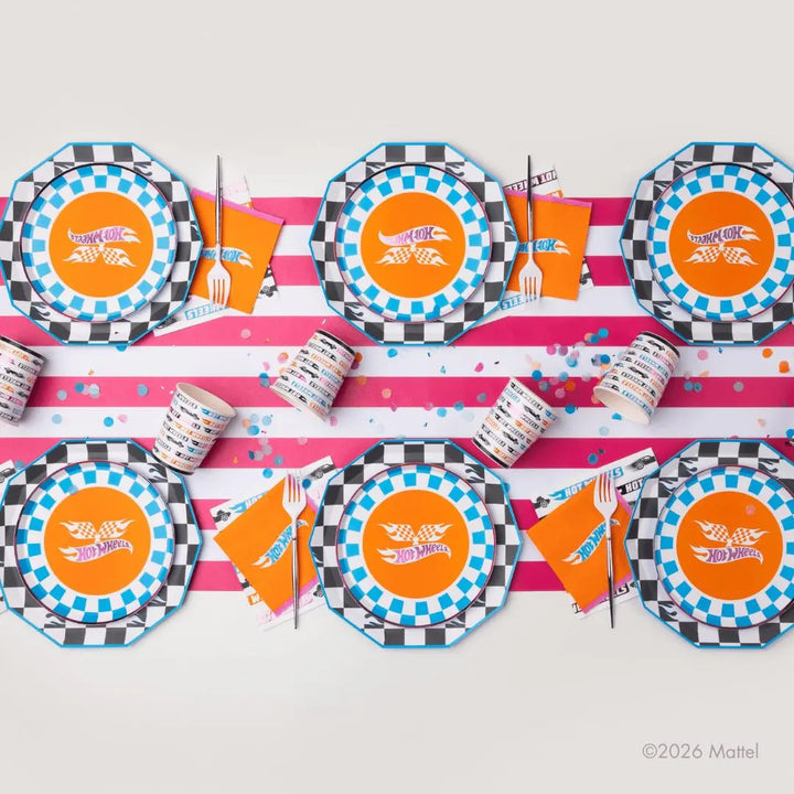 Hot Wheels Black Checker Plates - Race Car Party Large Paper Plates - Checkered Racing Birthday Tableware - Officially Licensed - Pack of 8 - Jolie Fete UK