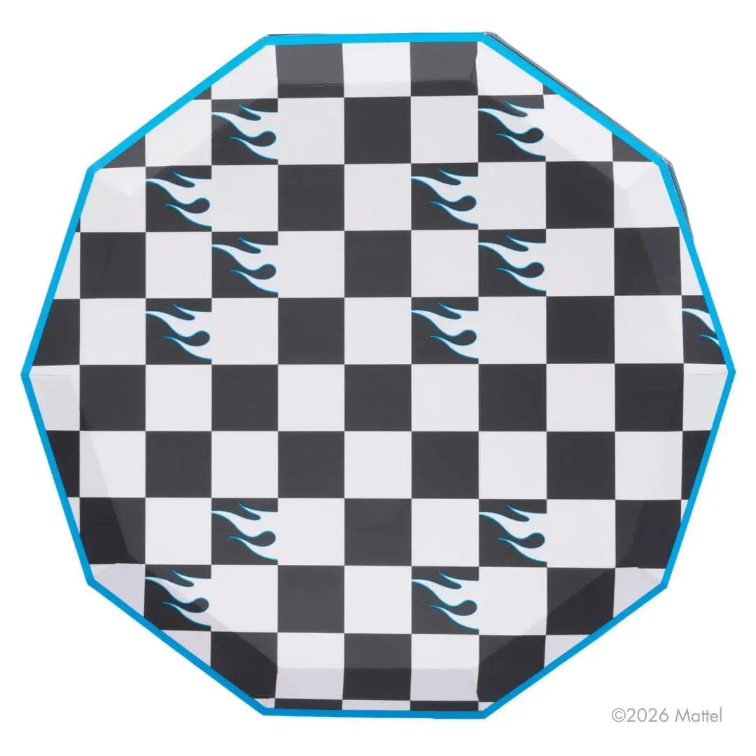 Hot Wheels Black Checker Plates - Race Car Party Large Paper Plates - Checkered Racing Birthday Tableware - Officially Licensed - Pack of 8 - Jolie Fete UK