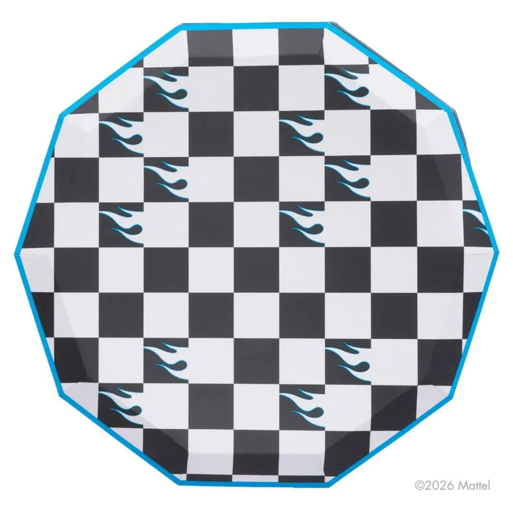 Hot Wheels Black Checker Plates - Race Car Party Large Paper Plates - Checkered Racing Birthday Tableware - Officially Licensed - Pack of 8 - Jolie Fete UK