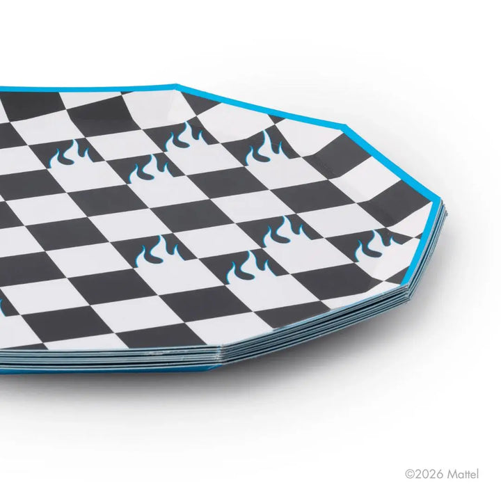 Hot Wheels Black Checker Plates - Race Car Party Large Paper Plates - Checkered Racing Birthday Tableware - Officially Licensed - Pack of 8 - Jolie Fete UK