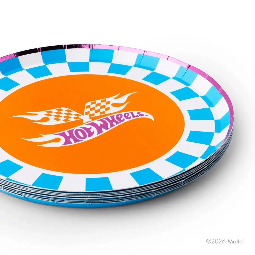 Hot Wheels Blue Checker Plates - Race Car Birthday Party Small Plates - Racing Theme Tableware - Boys Birthday Party Supplies - Pack of 8 - Jolie Fete UK