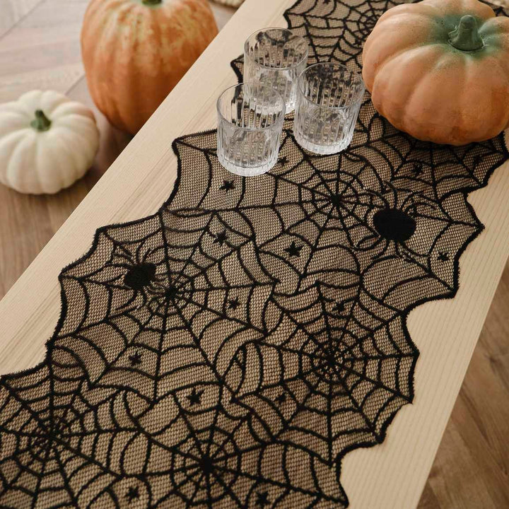 Spider Web Table Runner - Black Spiderweb Halloween Table Runner - Halloween Party Decorations -Reusable Fabric Runner-Halloween Table Decor - Jolie Fete UK