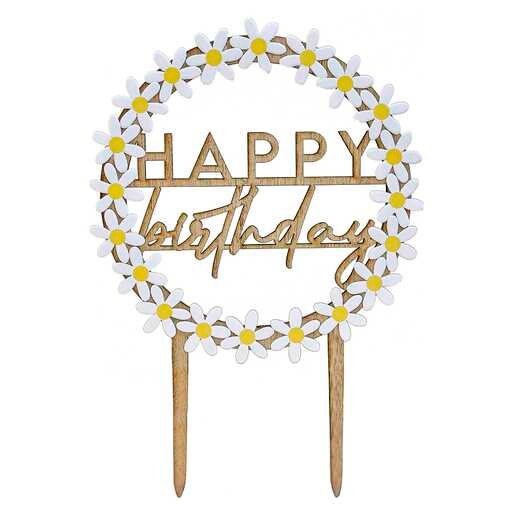 Wooden Happy Birthday Cake Topper with Daisies - Ditsy Daisy - Ginger Ray - Jolie Fete UK