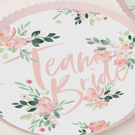 Team Bride Pink Floral Paper Plates - Pink And Rose Gold Hen Party Plates - Team Hen Plates - Floral Hen Party - Hen Party Decor - Pack Of 8 - Jolie Fete UK