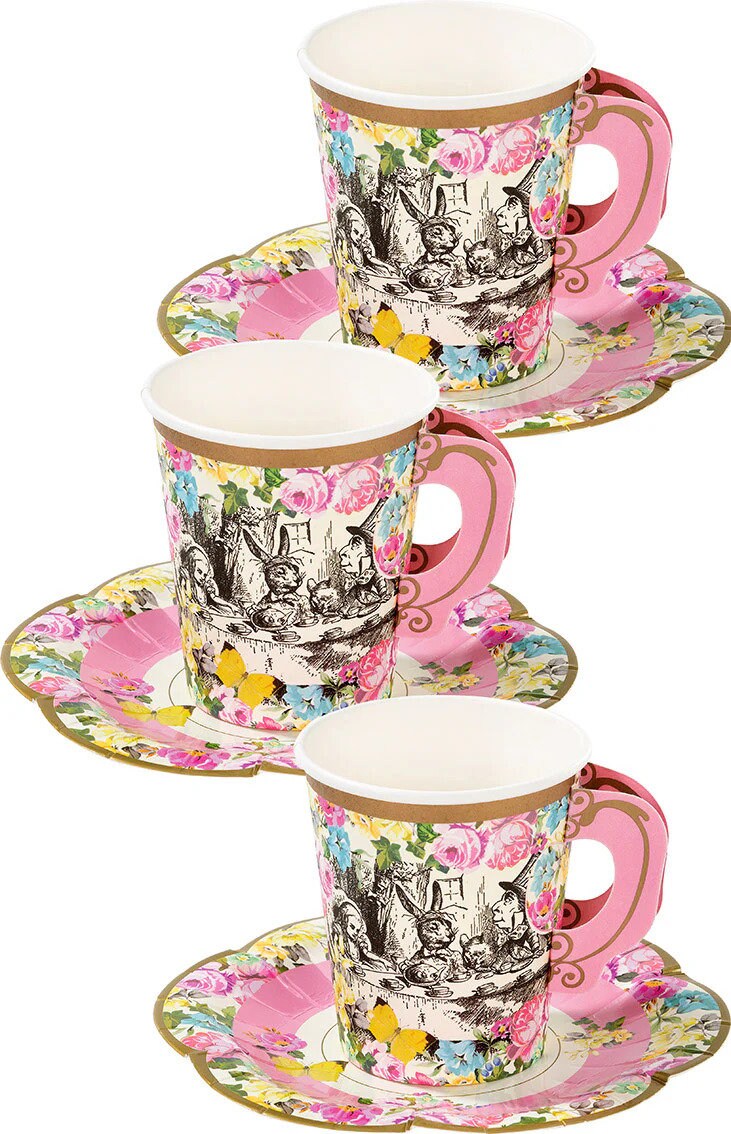 Alice in Wonderland Cups & Saucers Set - Mad Hatter's Tea Party Cups - Birthday Party Tableware - Alice Paper Cups - Pack of 12 - Jolie Fete UK